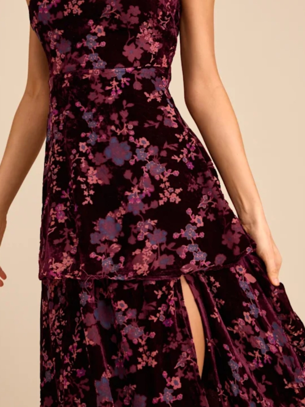 Lulus NWT Floral Velvet Tiered Maxi Dress Plum Purple Burgundy Sz L